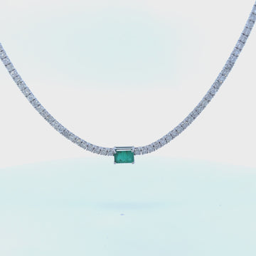 Half Way Diamond Tennis Necklace With Emerald Cut Emerald (7.50 ct.) 2 mm 4-Prongs in 14K Gold