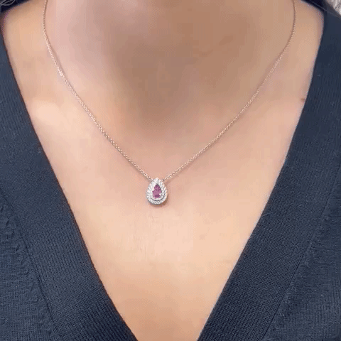 Pear Shape Pink Sapphire With Diamond Halo Necklace (0.73 ct.) in 18K Gold