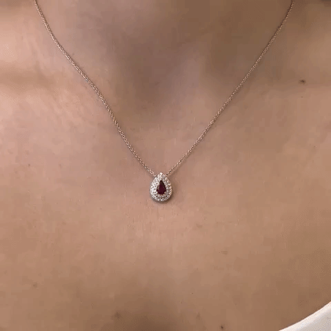 Pear Shape Red Ruby With Diamond Halo Necklace (0.73 ct.) in 18K Gold