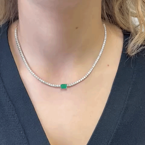 Half Way Diamond Tennis Necklace With Emerald Cut Emerald (7.50 ct.) 2 mm 4-Prongs in 14K Gold