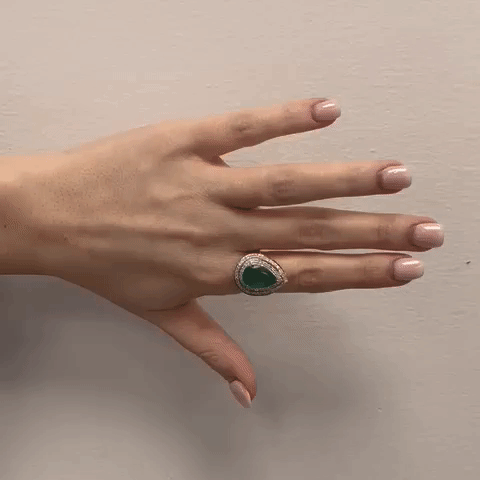 Pear Shape Emerald & Double Diamond Halo Engagement Ring (4.60 ct.) in 14K Gold