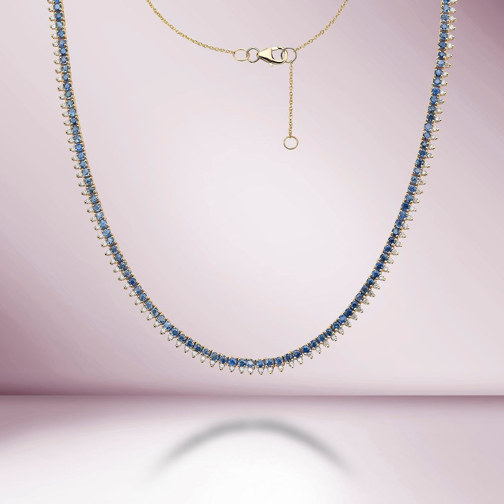 Blue Sapphire & Diamond Halfway Tennis Choker Necklace (6.60 ct.) in 14K Gold